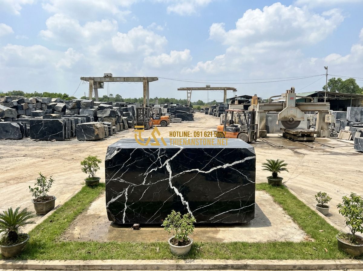 Đá Bước Dạo Thiên An: Review Chi Tiết Chất Lượng, Giá Thành Và Ứng Dụng - Hình 10 Đá Bước Dạo Thiên An: Review Chi Tiết Chất Lượng, Giá Thành Và Ứng Dụng - Tạo ảnh tiếng Anh: A wide shot of the Thien An Stone Workshop in Phu Tho, showin