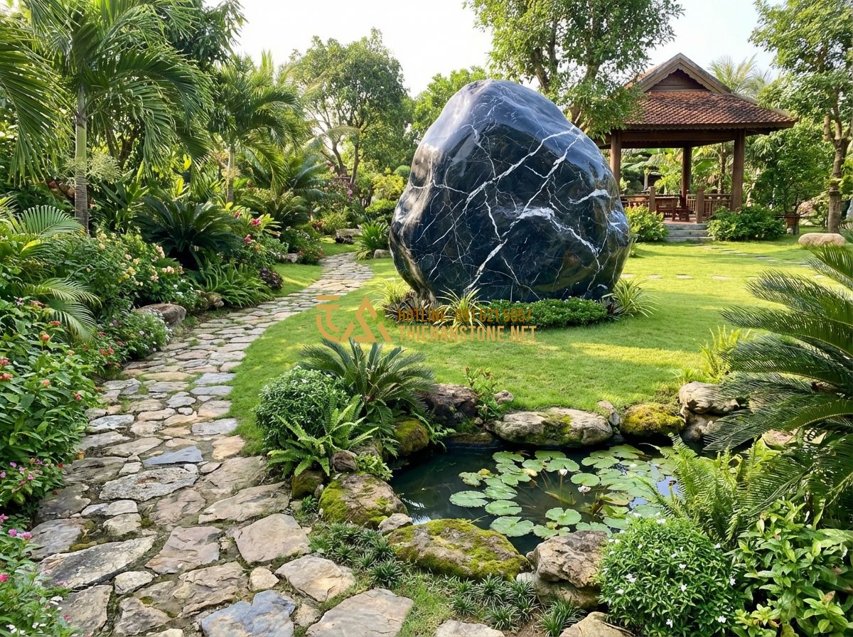 Đá Bước Dạo Thiên An: Review Chi Tiết Chất Lượng, Giá Thành Và Ứng Dụng - Hình 14 Đá Bước Dạo Thiên An: Review Chi Tiết Chất Lượng, Giá Thành Và Ứng Dụng - Tạo ảnh tiếng Anh: A wide panoramic view of a completed garden project showing a
