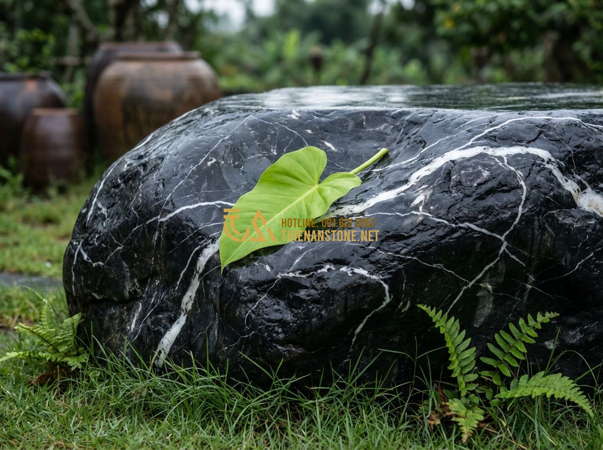 Đá Bước Dạo Thiên An: Review Chi Tiết Chất Lượng, Giá Thành Và Ứng Dụng - Hình 15 Đá Bước Dạo Thiên An: Review Chi Tiết Chất Lượng, Giá Thành Và Ứng Dụng - Tạo ảnh tiếng Anh: A symbolic image showing a green leaf placed on a natural sto