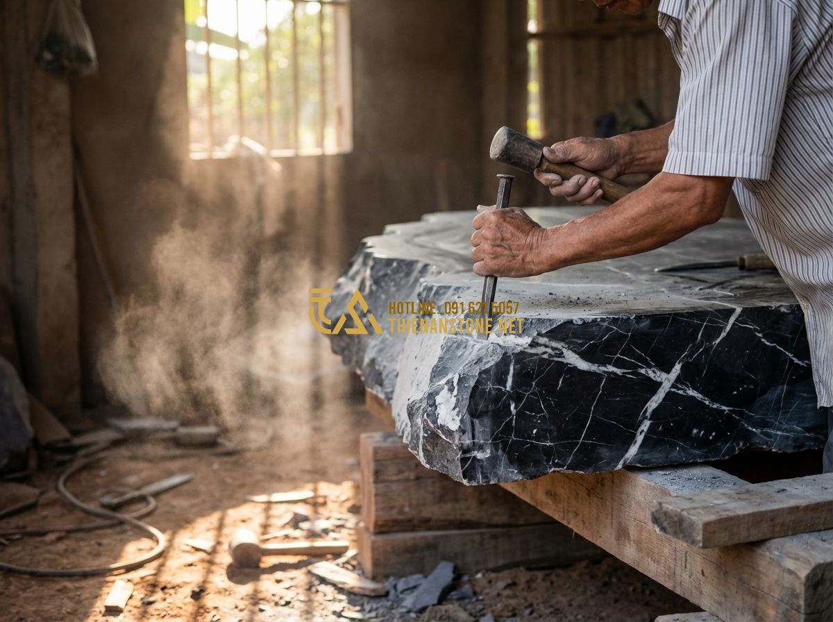Đá Bước Dạo Thiên An: Review Chi Tiết Chất Lượng, Giá Thành Và Ứng Dụng - Hình 2 Đá Bước Dạo Thiên An: Review Chi Tiết Chất Lượng, Giá Thành Và Ứng Dụng - Tạo ảnh tiếng Anh: Close-up of a craftsman's hands carefully chiseling the edges