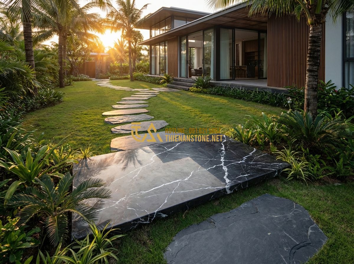 Đá Bước Dạo Thiên An: Review Chi Tiết Chất Lượng, Giá Thành Và Ứng Dụng - Hình 3 Đá Bước Dạo Thiên An: Review Chi Tiết Chất Lượng, Giá Thành Và Ứng Dụng - Tạo ảnh tiếng Anh: A luxury garden path featuring large, dark slate stepping sto