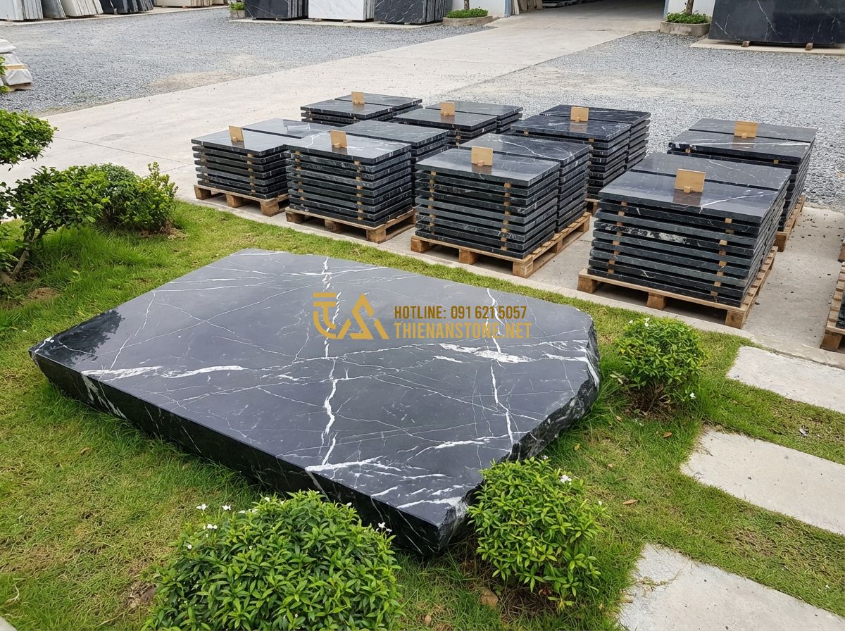 Đá Bước Dạo Thiên An: Review Chi Tiết Chất Lượng, Giá Thành Và Ứng Dụng - Hình 7 Đá Bước Dạo Thiên An: Review Chi Tiết Chất Lượng, Giá Thành Và Ứng Dụng - Tạo ảnh tiếng Anh: An organized outdoor display area at a stone factory showing
