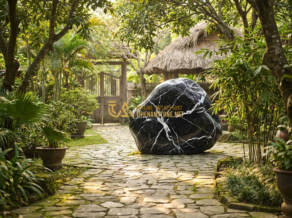 Đá Bước Dạo Thiên An: Review Chi Tiết Chất Lượng, Giá Thành Và Ứng Dụng - Hình 8 Đá Bước Dạo Thiên An: Review Chi Tiết Chất Lượng, Giá Thành Và Ứng Dụng - Tạo ảnh tiếng Anh: A happy family walking together on a stone path in their beau
