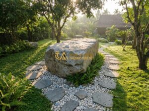 Đá Bước Dạo Tổ Ong Xám Đang Là Xu Hướng Hot Nhất Cho Sân Vườn Hiện Đại - Tạo ảnh tiếng Anh: A high-angle shot of a modern garden path using circular grey