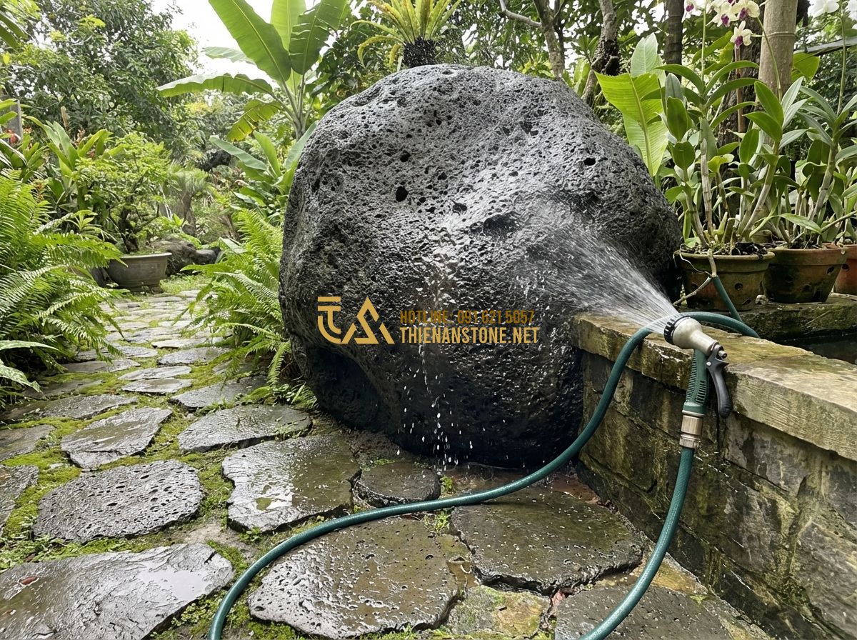 Đá Bước Dạo Tổ Ong Xám Đang Là Xu Hướng Hot Nhất Cho Sân Vườn Hiện Đại - Hình 11 Đá Bước Dạo Tổ Ong Xám Đang Là Xu Hướng Hot Nhất Cho Sân Vườn Hiện Đại - Tạo ảnh tiếng Anh: A person using a garden hose to clean a stone path made of gr