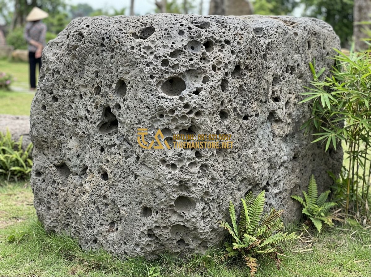 Đá Bước Dạo Tổ Ong Xám Đang Là Xu Hướng Hot Nhất Cho Sân Vườn Hiện Đại - Hình 2 Đá Bước Dạo Tổ Ong Xám Đang Là Xu Hướng Hot Nhất Cho Sân Vườn Hiện Đại - Tạo ảnh tiếng Anh: Close-up of grey honeycomb volcanic stone texture showing nat