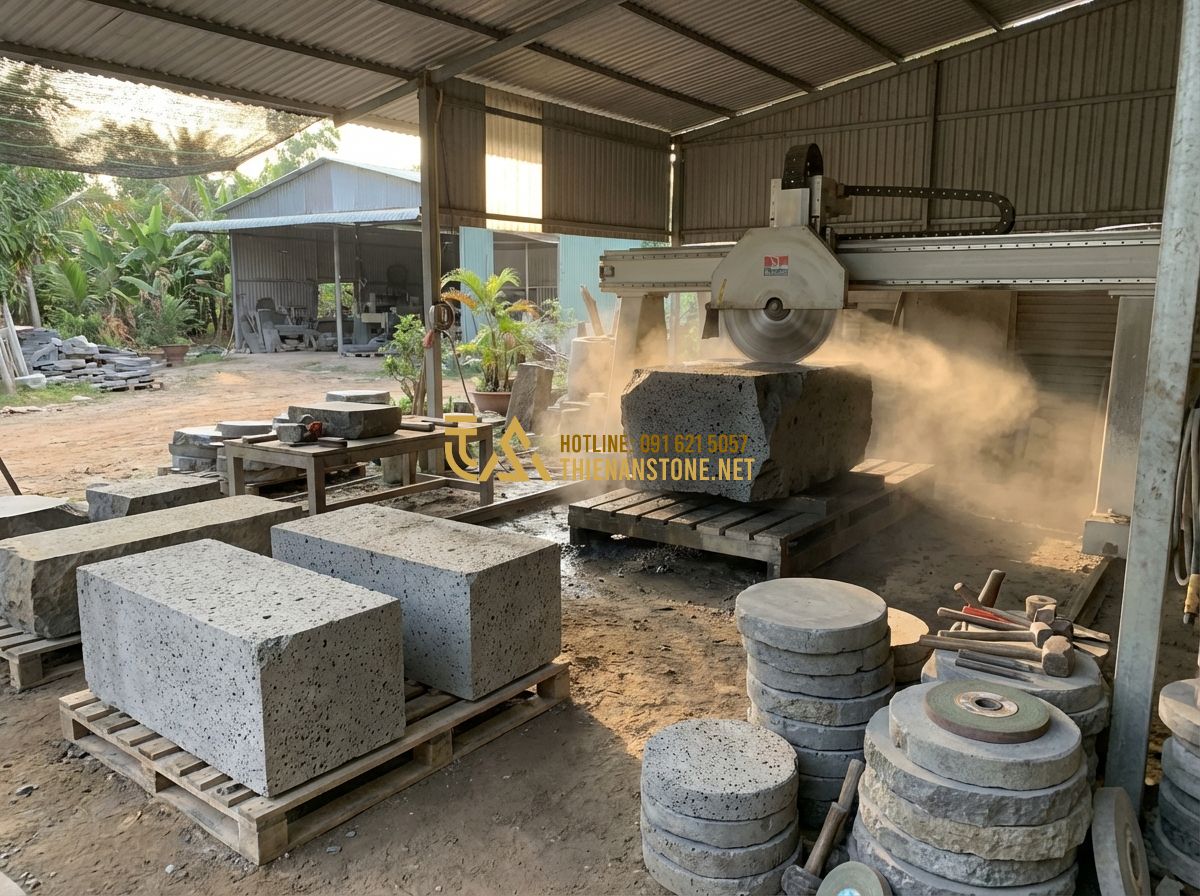Đá Bước Dạo Tổ Ong Xám Đang Là Xu Hướng Hot Nhất Cho Sân Vườn Hiện Đại - Hình 3 Đá Bước Dạo Tổ Ong Xám Đang Là Xu Hướng Hot Nhất Cho Sân Vườn Hiện Đại - Tạo ảnh tiếng Anh: Artisans at a stone workshop carefully cutting large grey vol