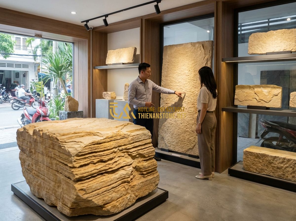 Đá Bước Dạo Tự Nhiên: Lợi Ích, Phân Loại Và Kinh Nghiệm Chọn Mua Đúng - Hình 7 Đá Bước Dạo Tự Nhiên: Lợi Ích, Phân Loại Và Kinh Nghiệm Chọn Mua Đúng - Tạo ảnh tiếng Anh: A high-end stone showroom with various natural stepping stone
