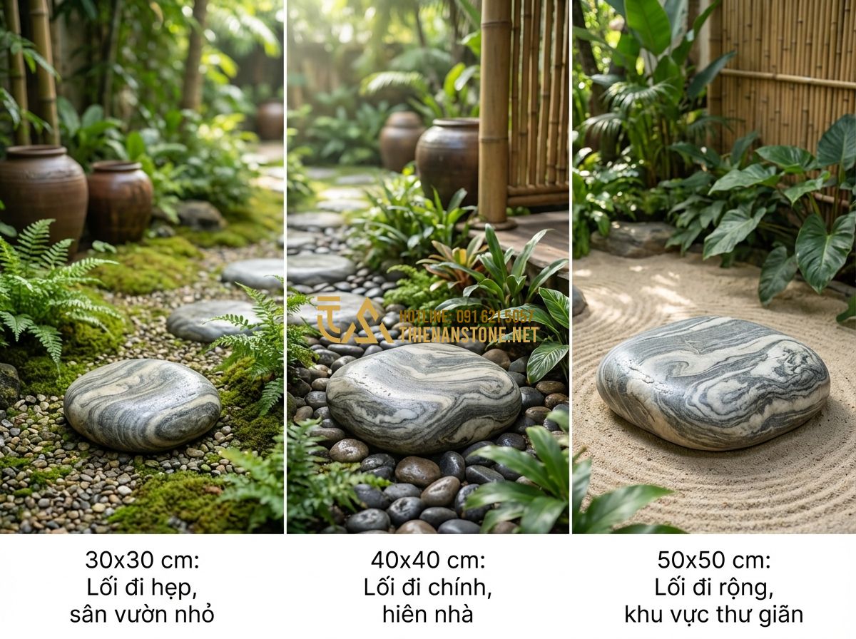 Đá Bước Dạo Vuông 40x40 Và Lục Giác - Kích Thước Nào Phổ Biến Nhất? - Hình 5 Đá Bước Dạo Vuông 40x40 Và Lục Giác - Kích Thước Nào Phổ Biến Nhất? - Tạo ảnh tiếng Anh: A comparative infographic-style image showing different sizes