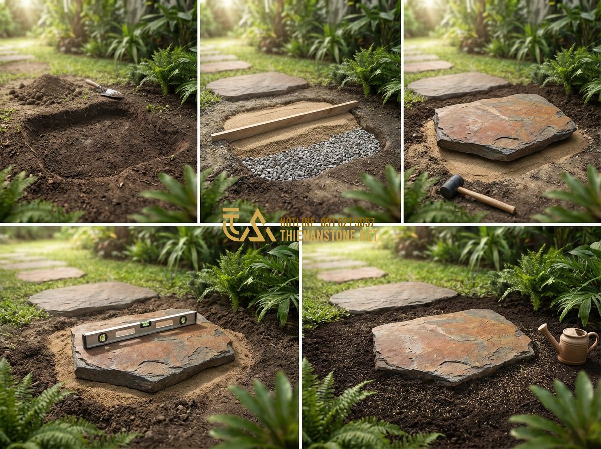 Đá Bước Dạo Vuông 40x40 Và Lục Giác - Kích Thước Nào Phổ Biến Nhất? - Hình 6 Đá Bước Dạo Vuông 40x40 Và Lục Giác - Kích Thước Nào Phổ Biến Nhất? - Tạo ảnh tiếng Anh: A step-by-step technical illustration showing how to install