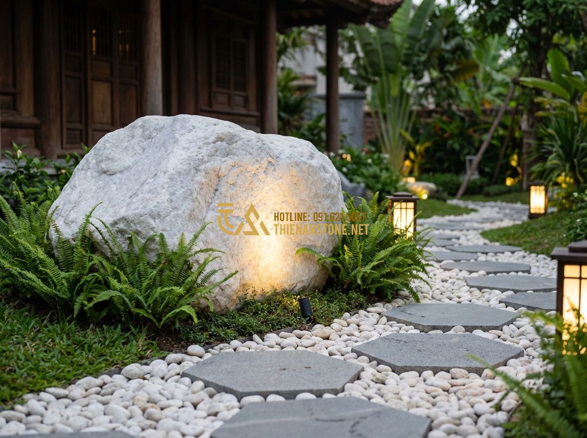 Đá Bước Dạo Vuông 40x40 Và Lục Giác - Kích Thước Nào Phổ Biến Nhất? - Hình 7 Đá Bước Dạo Vuông 40x40 Và Lục Giác - Kích Thước Nào Phổ Biến Nhất? - Tạo ảnh tiếng Anh: A high-end garden path design combining grey hexagonal stones