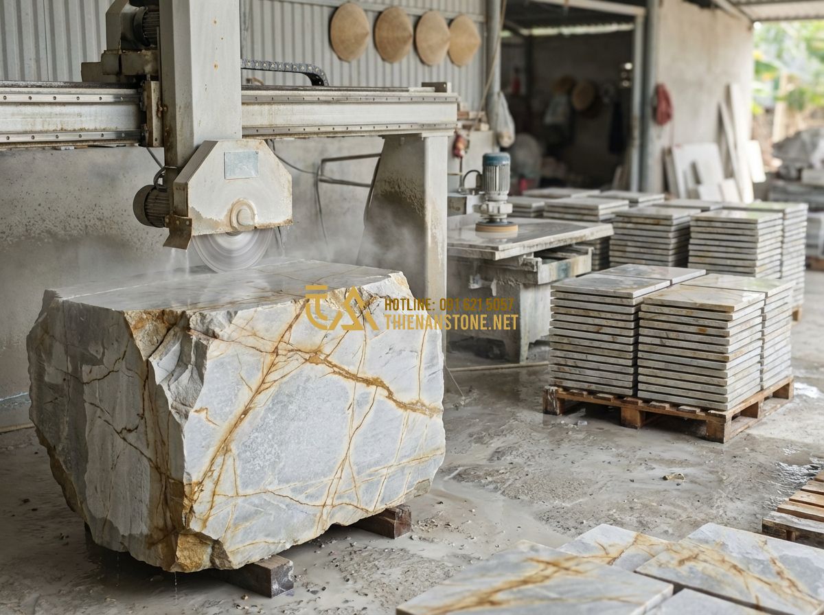 Đá Bước Dạo Vuông 40x40 Và Lục Giác - Kích Thước Nào Phổ Biến Nhất? - Hình 8 Đá Bước Dạo Vuông 40x40 Và Lục Giác - Kích Thước Nào Phổ Biến Nhất? - Tạo ảnh tiếng Anh: Inside a professional stone masonry workshop, skilled craftsm