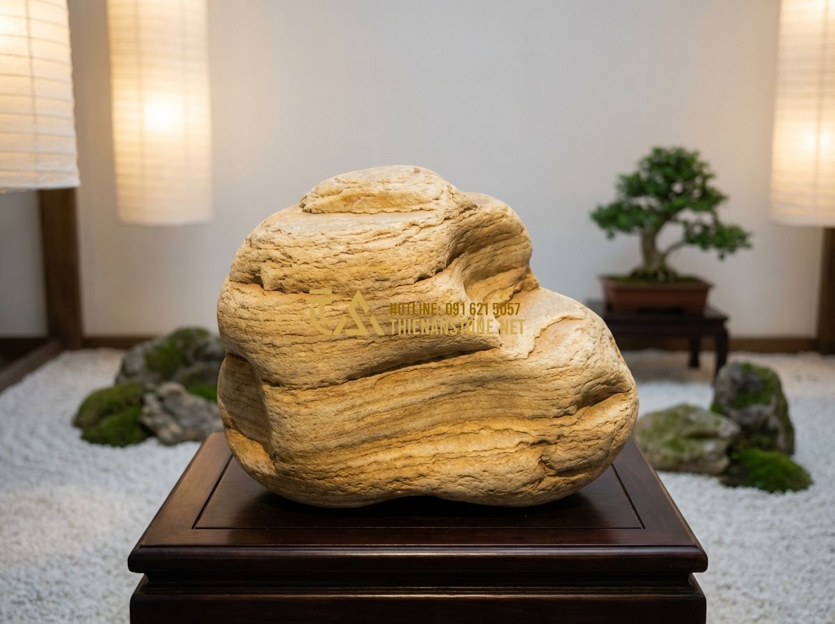 Đá Cảnh Đẹp Từ Các Tỉnh Miền Bắc: Yên Bái, Tuyên Quang Và Cao Bằng - Hình 1 Đá Cảnh Đẹp Từ Các Tỉnh Miền Bắc: Yên Bái, Tuyên Quang Và Cao Bằng - Create a professional photograph of a serene indoor zen garden featuring a large