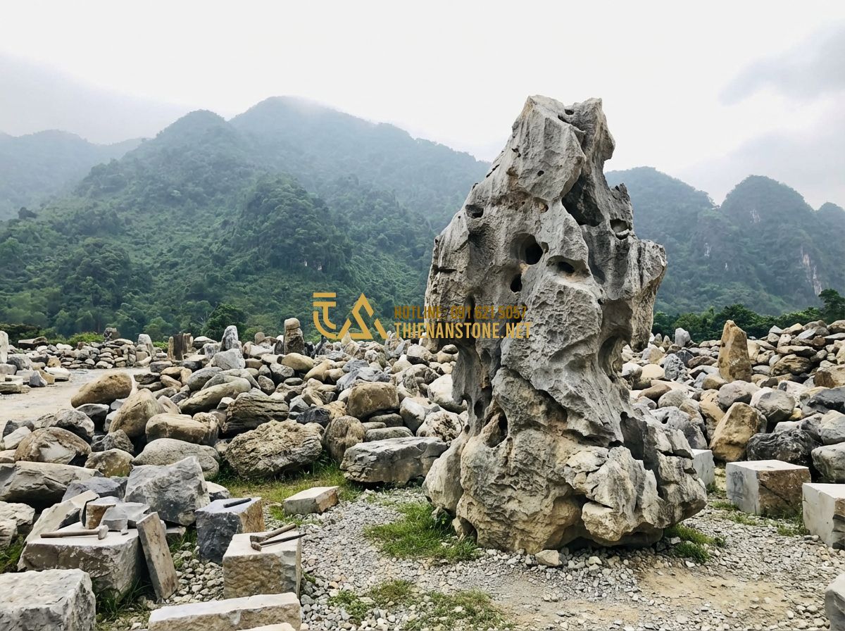 Đá Cảnh Tự Nhiên Cho Sân Vườn: Top Mẫu Đẹp Nhất 2024 Và Cách Trang Trí Chuẩn Phong Thủy - Hình 9 Đá Cảnh Tự Nhiên Cho Sân Vườn: Top Mẫu Đẹp Nhất 2024 Và Cách Trang Trí Chuẩn Phong Thủy - Tạo ảnh tiếng Anh: A vast stone yard at Thien An Stone workshop in Phu Tho, show