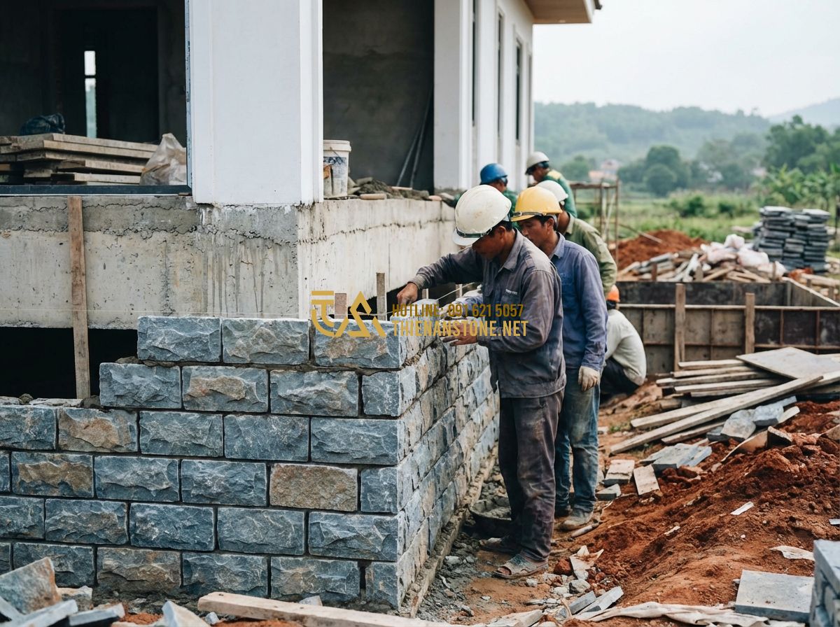 Đá Chẻ Xây Móng Nhà: Kích Thước, Ứng Dụng & Cách Xây Móng Bằng Đá Chẻ Chuẩn Kỹ Thuật 2026 - Hình 1 Đá Chẻ Xây Móng Nhà: Kích Thước, Ứng Dụng & Cách Xây Móng Bằng Đá Chẻ Chuẩn Kỹ Thuật 2026 - Tạo ảnh tiếng Anh: Professional construction site in Vietnam with workers laying