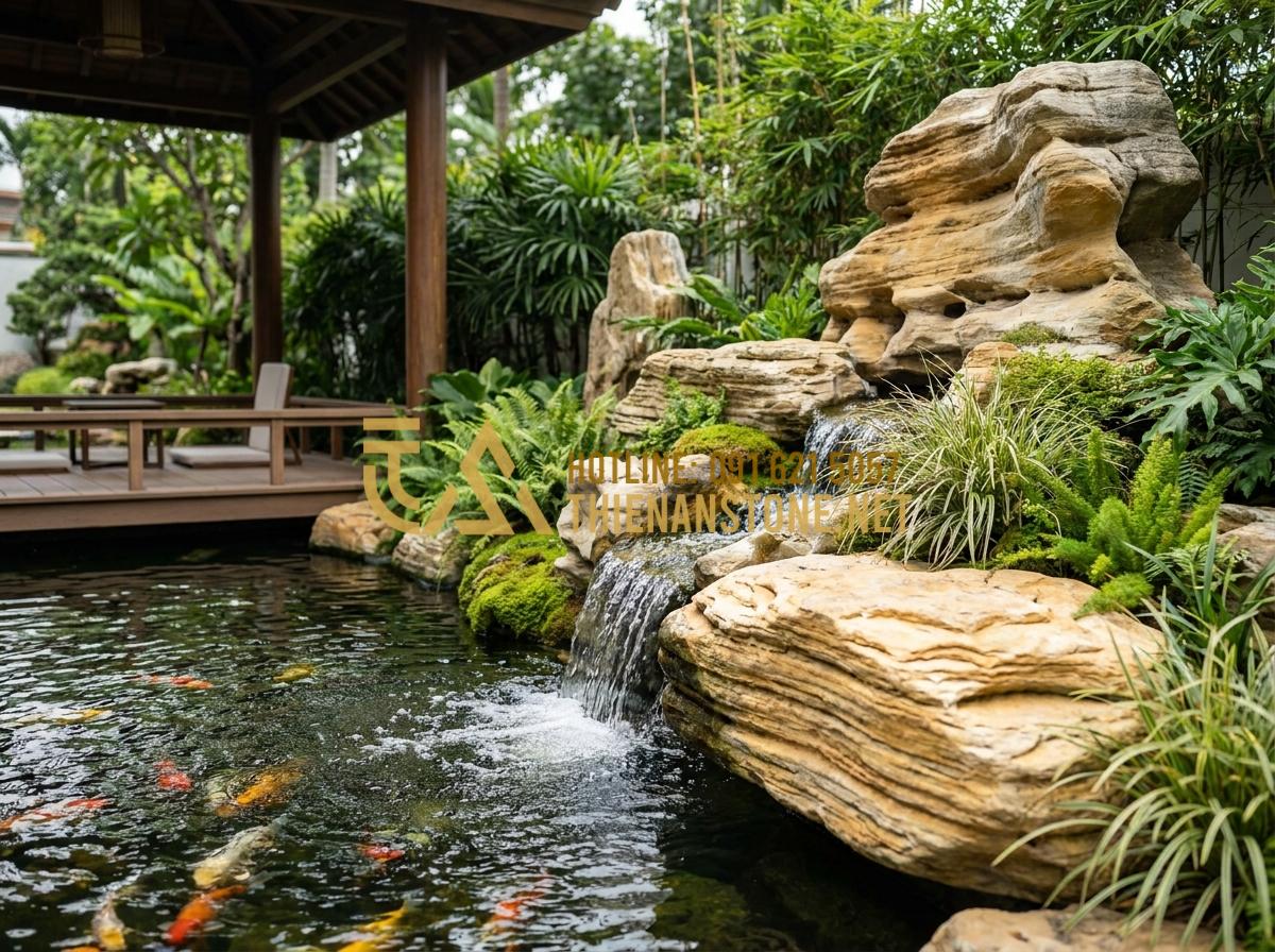 Đá Cổ Thạch Giá Bao Nhiêu? Bảng Báo Giá Chi Tiết Sỉ & Lẻ Mới Nhất - Hình 11 Đá Cổ Thạch Giá Bao Nhiêu? Bảng Báo Giá Chi Tiết Sỉ & Lẻ Mới Nhất - Beautiful modern garden landscape featuring co thach stones around Koi pond with