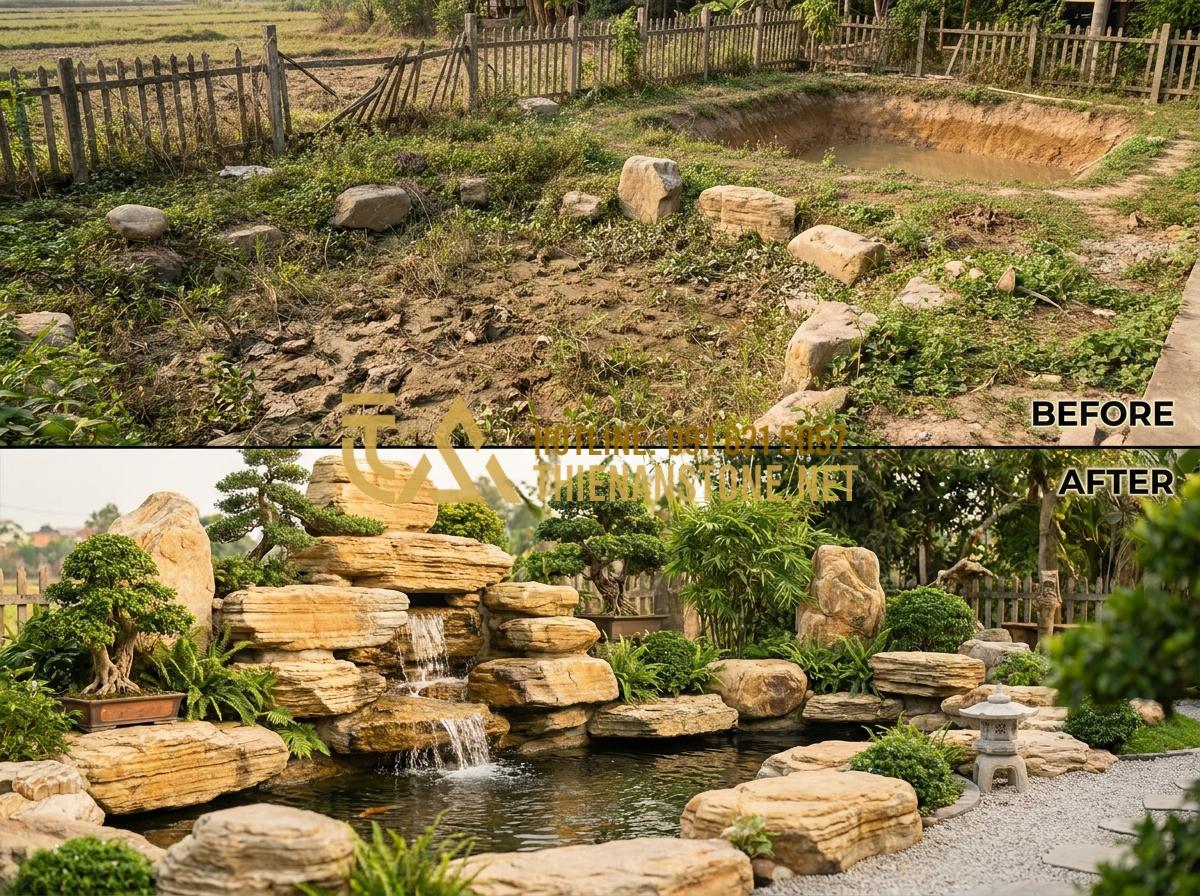 Đá Cổ Thạch Giá Bao Nhiêu? Bảng Báo Giá Chi Tiết Sỉ & Lẻ Mới Nhất - Hình 12 Đá Cổ Thạch Giá Bao Nhiêu? Bảng Báo Giá Chi Tiết Sỉ & Lẻ Mới Nhất - Before and after images of garden transformation using co thach stones showing a