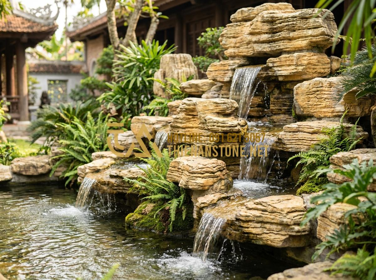 Đá Cổ Thạch Giá Bao Nhiêu? Bảng Báo Giá Chi Tiết Sỉ & Lẻ Mới Nhất - Hình 13 Đá Cổ Thạch Giá Bao Nhiêu? Bảng Báo Giá Chi Tiết Sỉ & Lẻ Mới Nhất - Realistic application of co thach stones in waterfall design with water flowing
