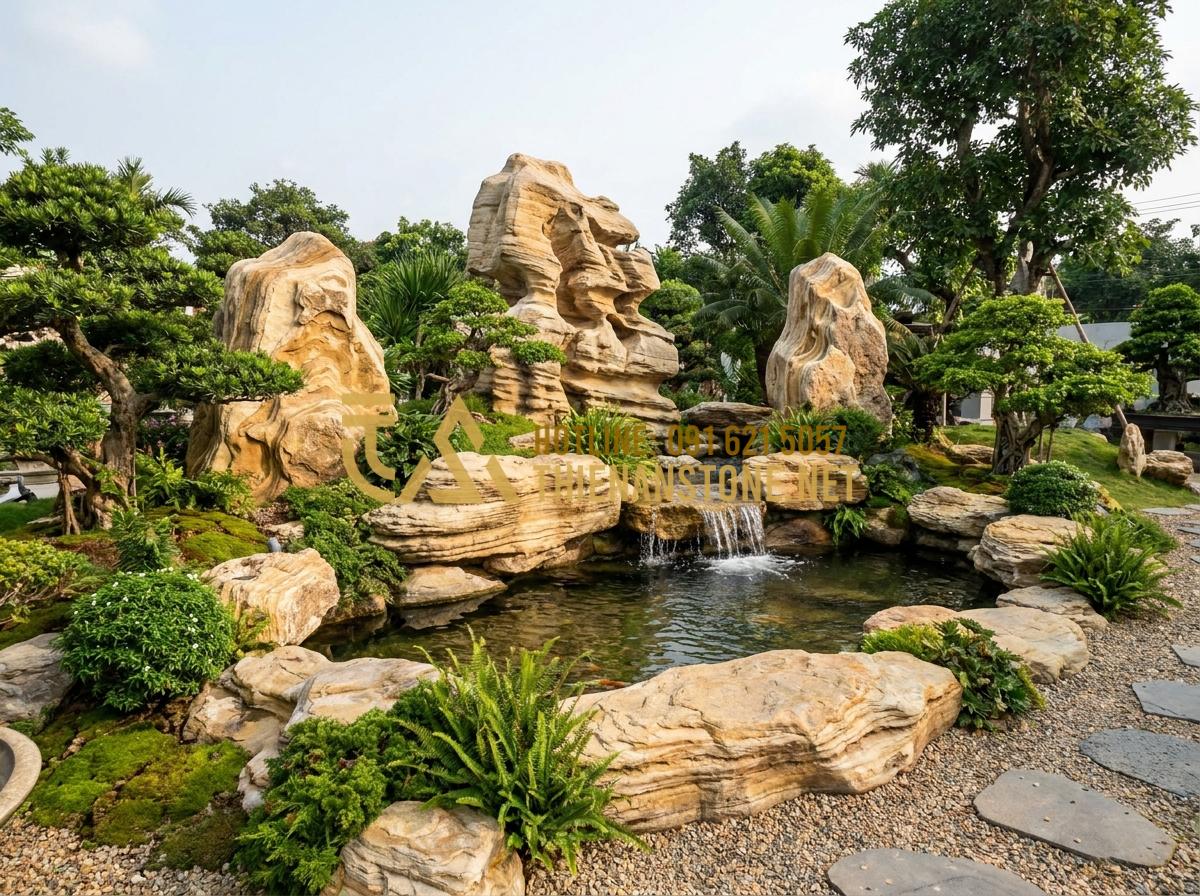 Đá Cổ Thạch Giá Bao Nhiêu? Bảng Báo Giá Chi Tiết Sỉ & Lẻ Mới Nhất - Hình 2 Đá Cổ Thạch Giá Bao Nhiêu? Bảng Báo Giá Chi Tiết Sỉ & Lẻ Mới Nhất - Wide angle shot of multiple large ancient stones arranged in a modern Vietnamese