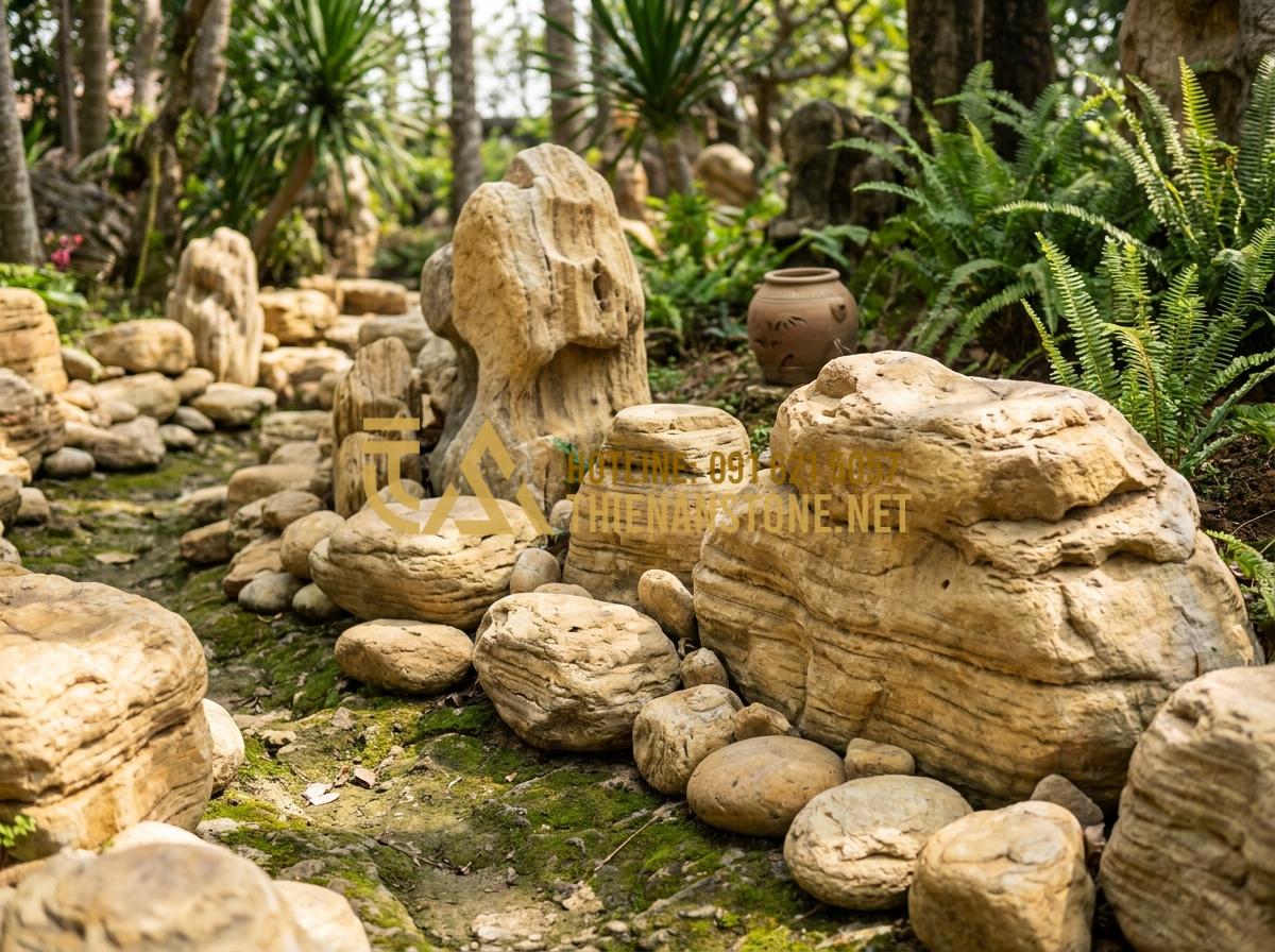 Đá Cổ Thạch Giá Bao Nhiêu? Bảng Báo Giá Chi Tiết Sỉ & Lẻ Mới Nhất - Hình 4 Đá Cổ Thạch Giá Bao Nhiêu? Bảng Báo Giá Chi Tiết Sỉ & Lẻ Mới Nhất - Variety of popular co thach stone varieties arranged in natural outdoor setting
