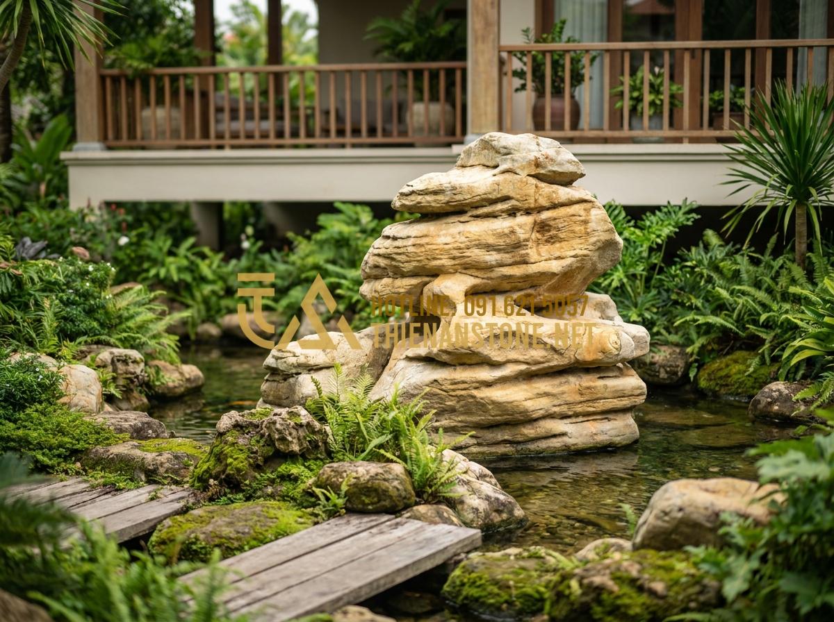 Đá Cổ Thạch Là Gì? Tìm Hiểu Đặc Điểm Các Dòng Đá Cổ Thạch Xanh, Vàng, Nghệ An - Large yellow Da Co Thach rock formation used as focal point in luxury villa land