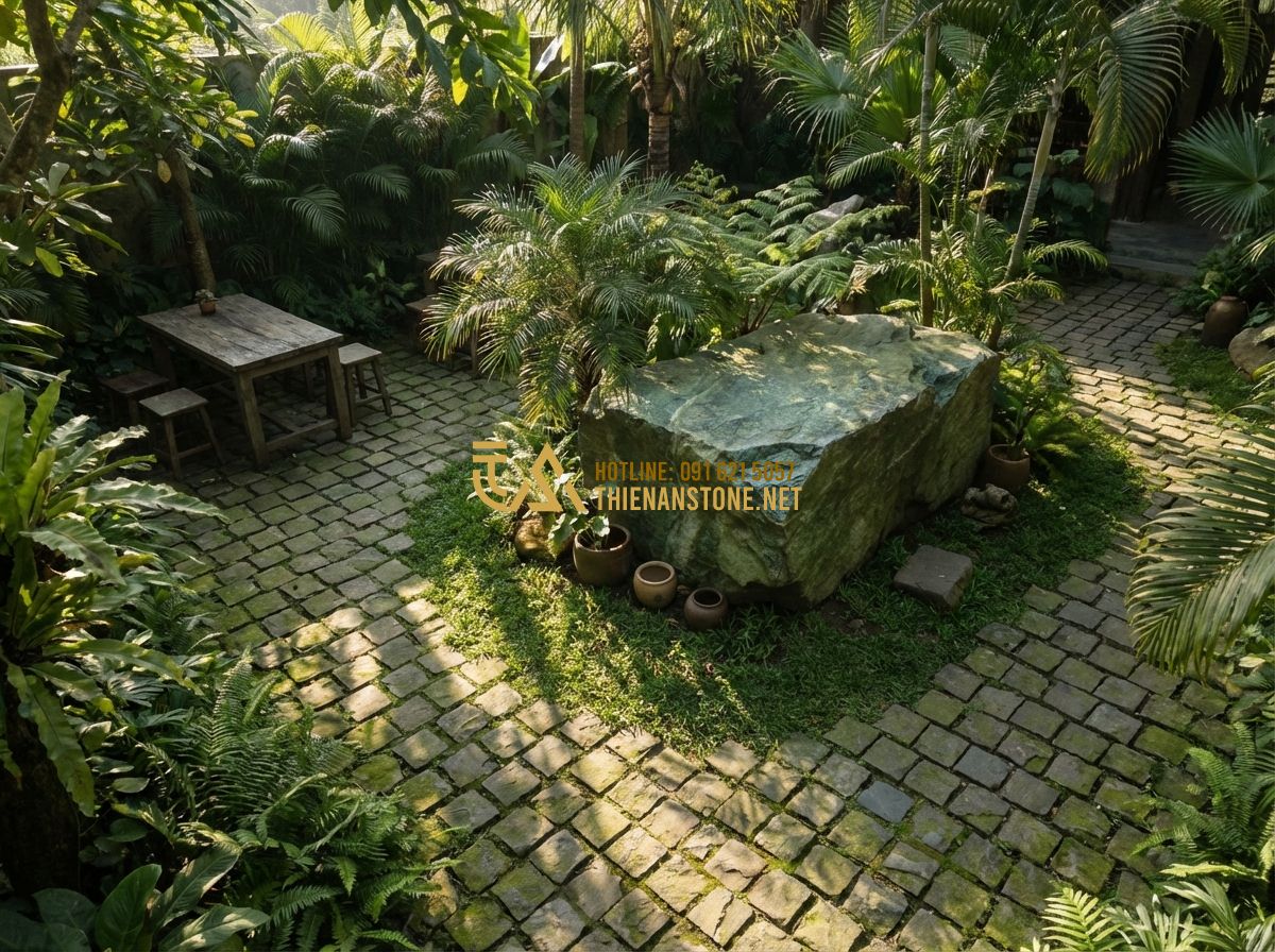 Đá Cubic Lát Sân Đẹp 2026: 130+ Mẫu Đá Cubic Bazan Granite Tự Nhiên Texture Sang Trọng - Hình 3 Đá Cubic Lát Sân Đẹp 2026: 130+ Mẫu Đá Cubic Bazan Granite Tự Nhiên Texture Sang Trọng - Tạo ảnh tiếng Anh: A high-angle shot of a lush cafe garden with green mossy Than