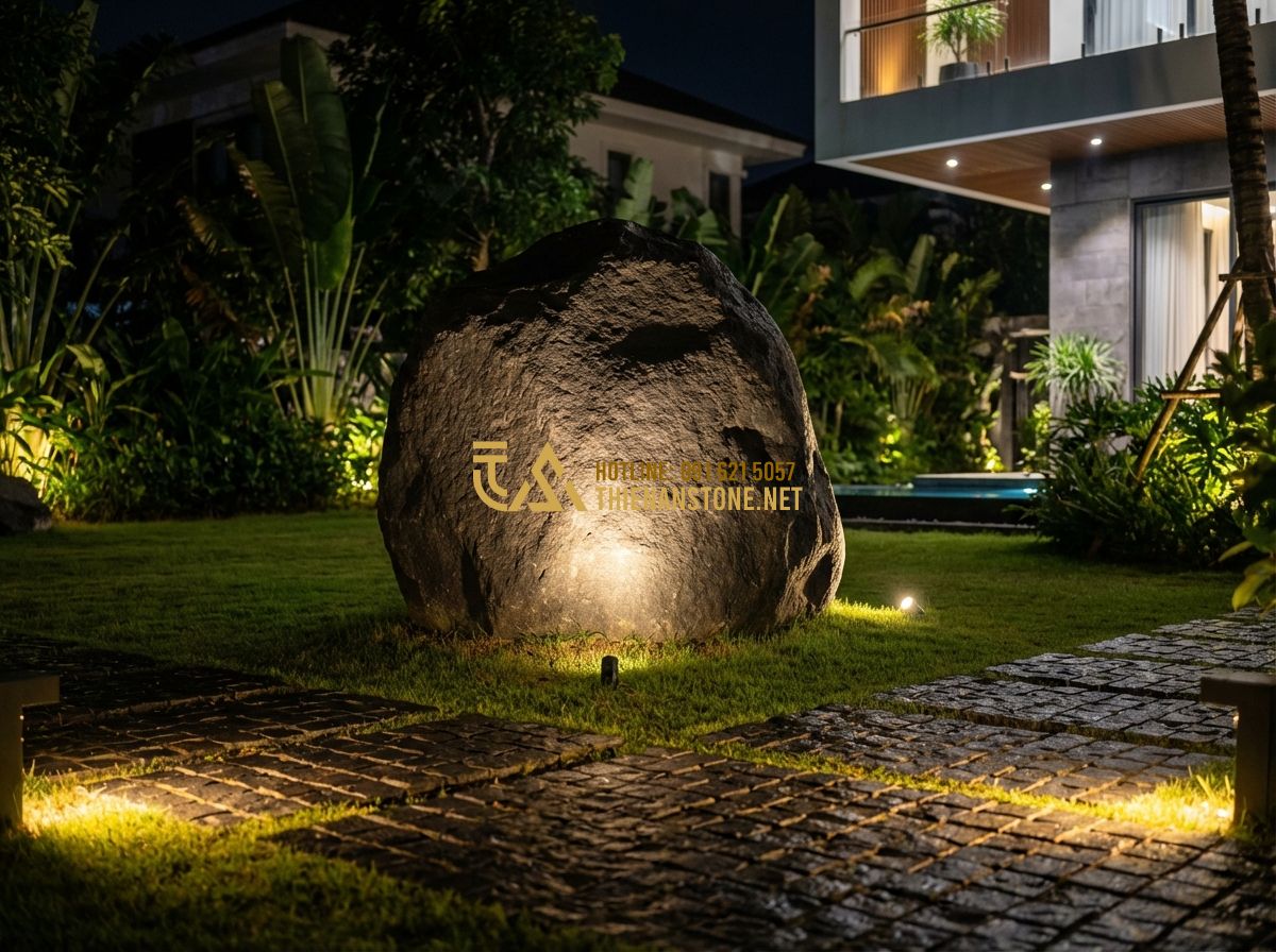 Đá Cubic Lát Sân Đẹp 2026: 130+ Mẫu Đá Cubic Bazan Granite Tự Nhiên Texture Sang Trọng - Hình 4 Đá Cubic Lát Sân Đẹp 2026: 130+ Mẫu Đá Cubic Bazan Granite Tự Nhiên Texture Sang Trọng - Tạo ảnh tiếng Anh: Luxury villa landscape at night. Warm LED lights are installe