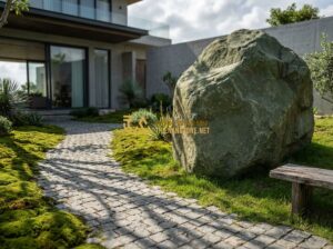 Đá Cubic Xám, Đen, Xanh Đen: Màu Sắc Đẹp & Ứng Dụng Lát Sân Hiện Đại 2026 - Professional photography of a luxury modern villa garden in 2026 featuring a pat