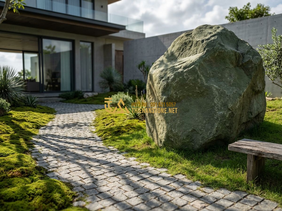 Đá Cubic Xám, Đen, Xanh Đen: Màu Sắc Đẹp & Ứng Dụng Lát Sân Hiện Đại 2026 - Professional photography of a luxury modern villa garden in 2026 featuring a pat