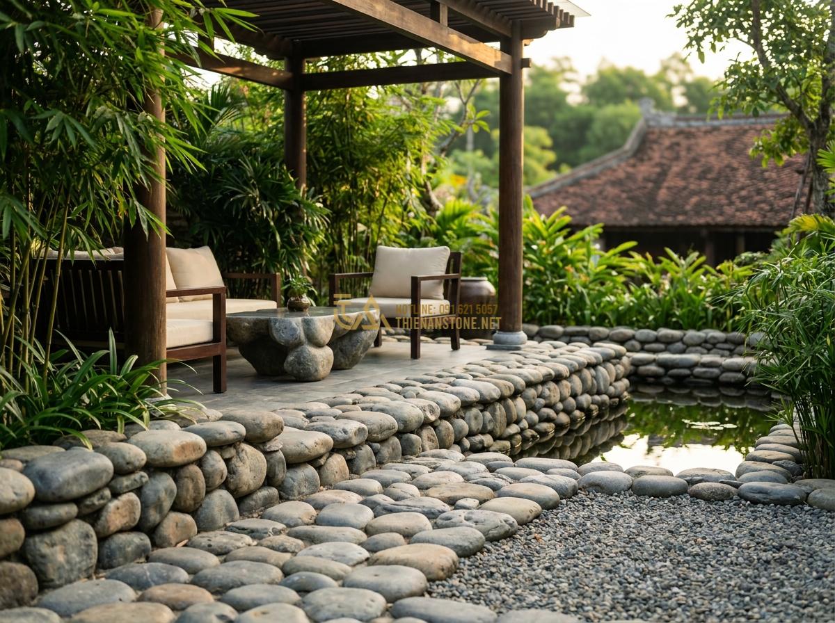 Đá Cuội Lớn (Đá Cuội To): Bảng Giá Chi Tiết & Nơi Mua Chuyên Sỉ Lẻ - Luxurious outdoor living space enhanced by big pebble stones showing economic an