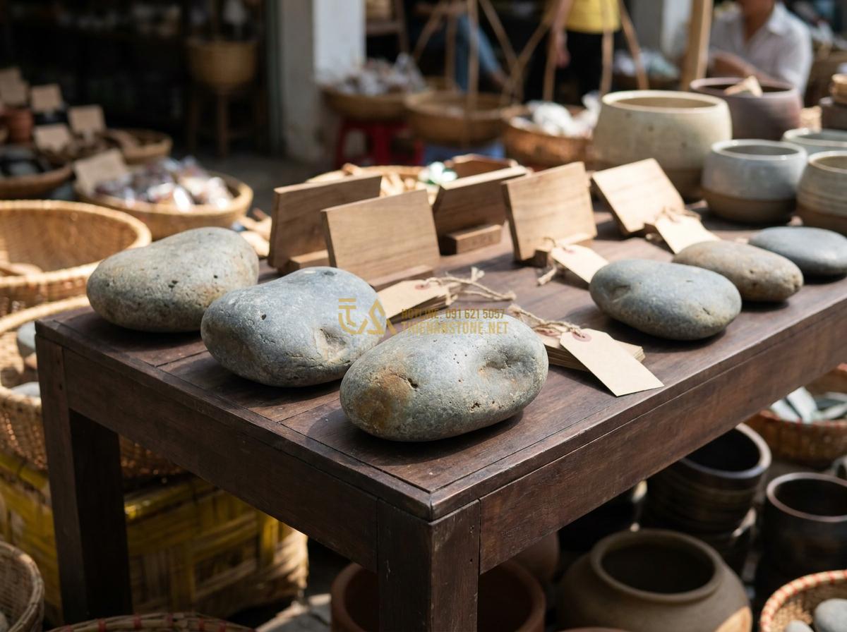 Đá Cuội Lớn (Đá Cuội To): Bảng Giá Chi Tiết & Nơi Mua Chuyên Sỉ Lẻ - Professional price table display with actual large pebble samples and detailed p
