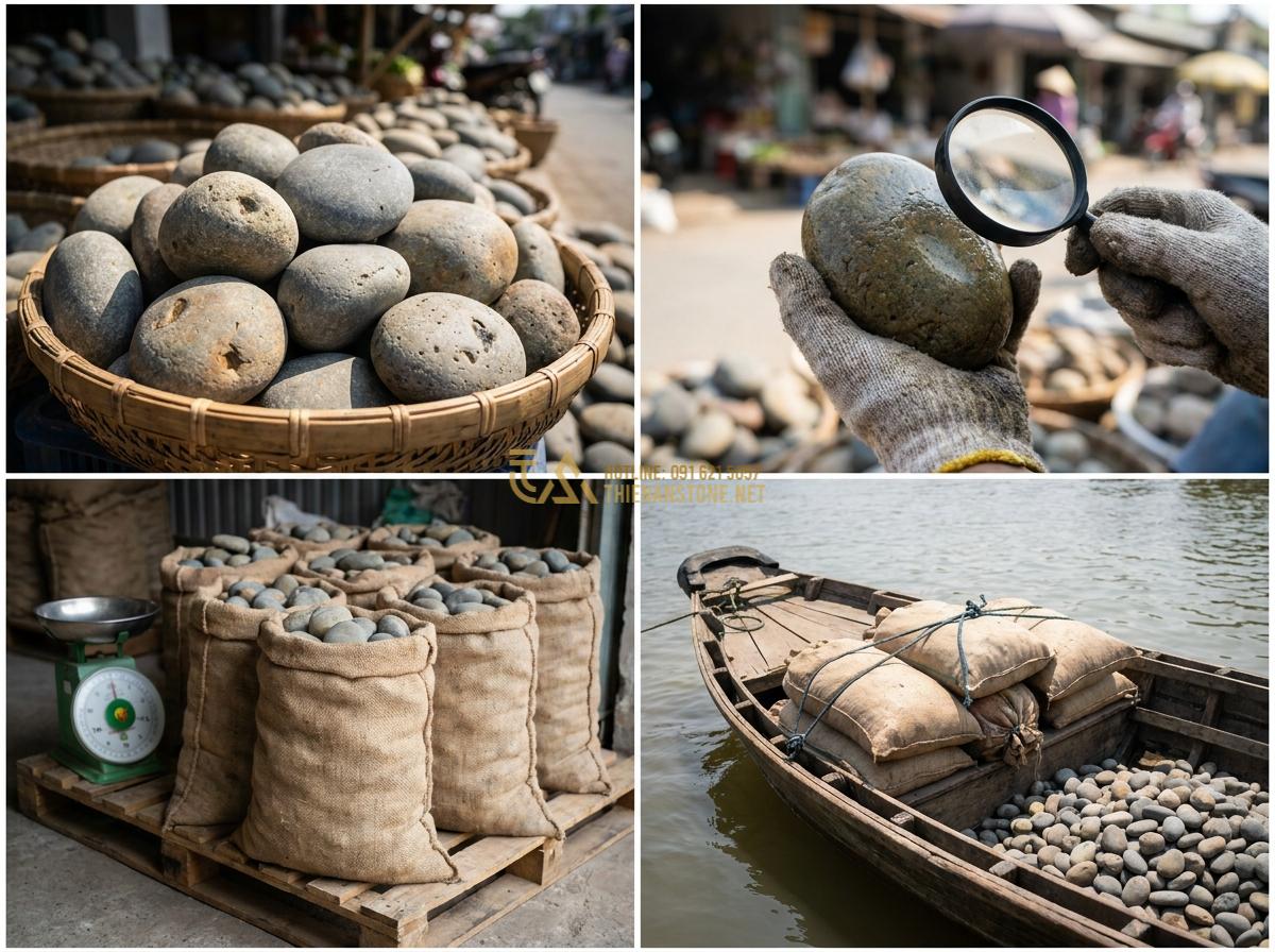 Đá Cuội Lớn (Đá Cuội To): Bảng Giá Chi Tiết & Nơi Mua Chuyên Sỉ Lẻ - Step-by-step buying guide visuals for large pebbles including quality inspection