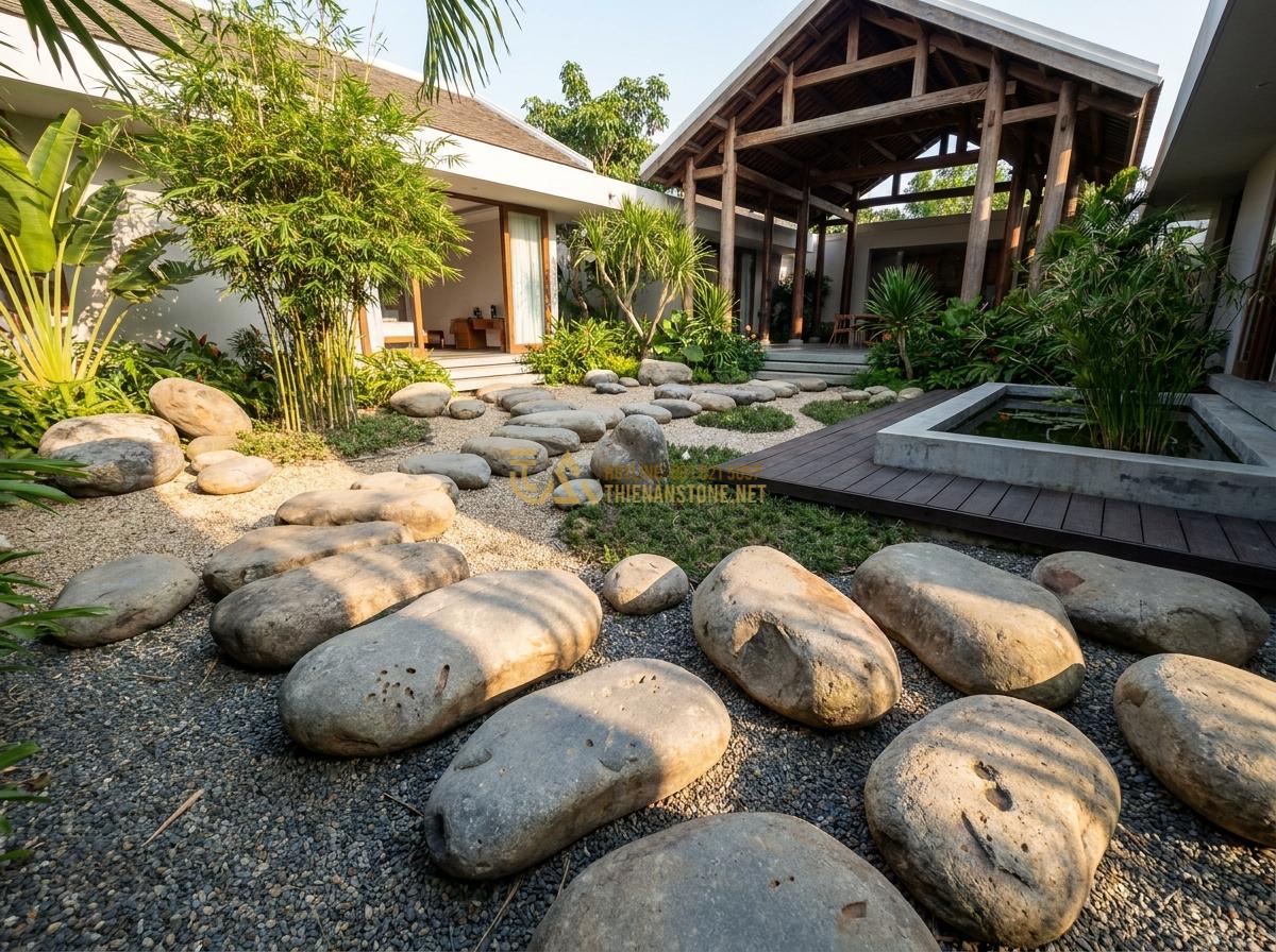 Đá Cuội Lớn (Đá Cuội To): Bảng Giá Chi Tiết & Nơi Mua Chuyên Sỉ Lẻ - Wide angle view of massive pebble stones arranged artistically in a modern villa