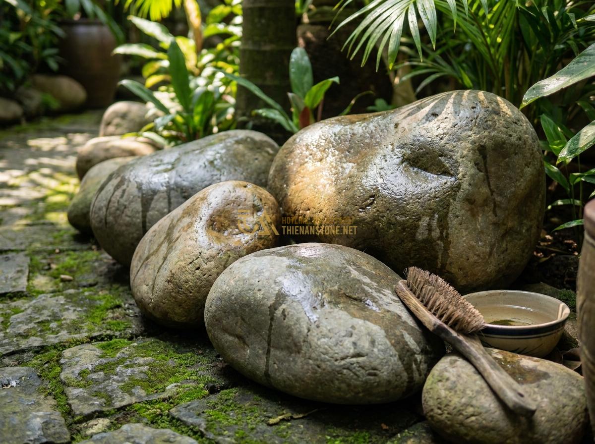 Đá Cuội Lớn (Đá Cuội To): Bảng Giá Chi Tiết & Nơi Mua Chuyên Sỉ Lẻ - Long-term care tips visual for oversized river pebbles maintaining shine and dur