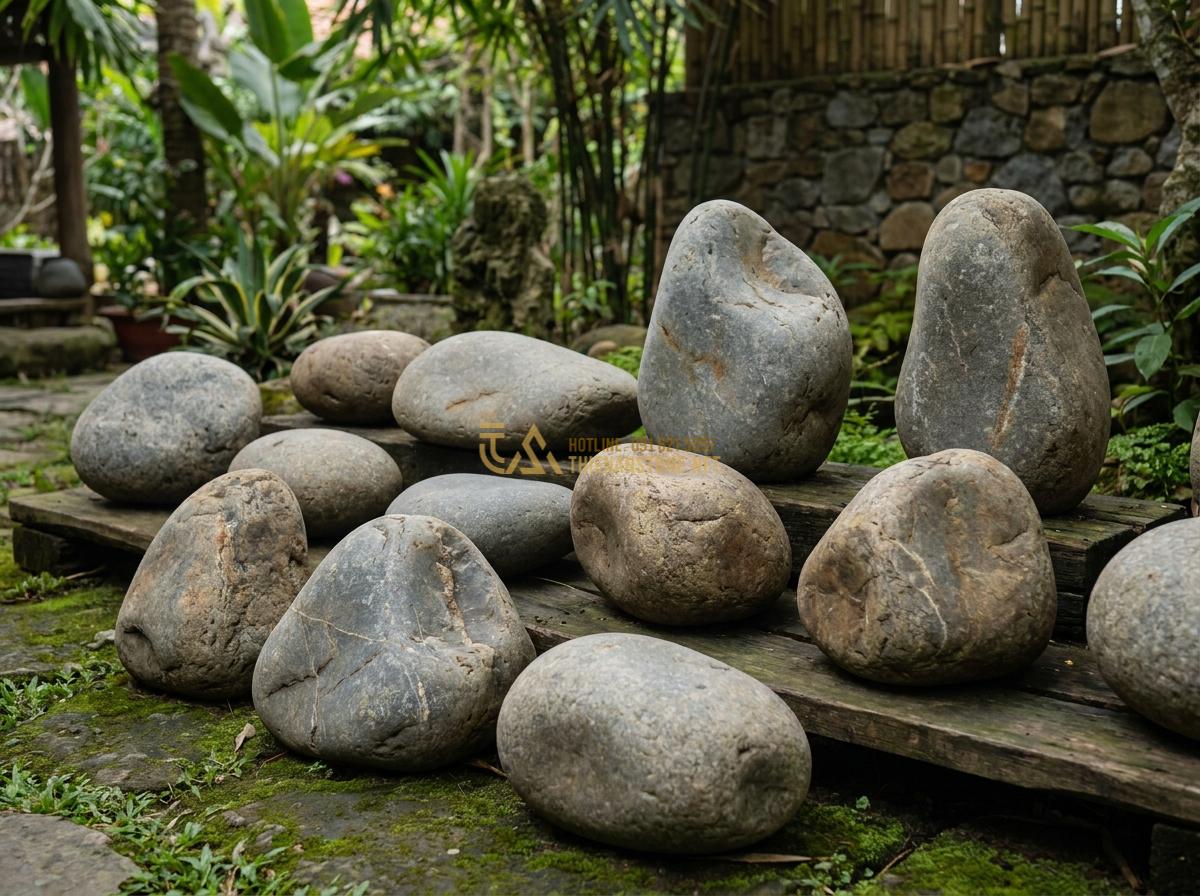 Đá Cuội Lớn (Đá Cuội To): Bảng Giá Chi Tiết & Nơi Mua Chuyên Sỉ Lẻ - Collection of various large pebble stones displayed outdoors, emphasizing unique