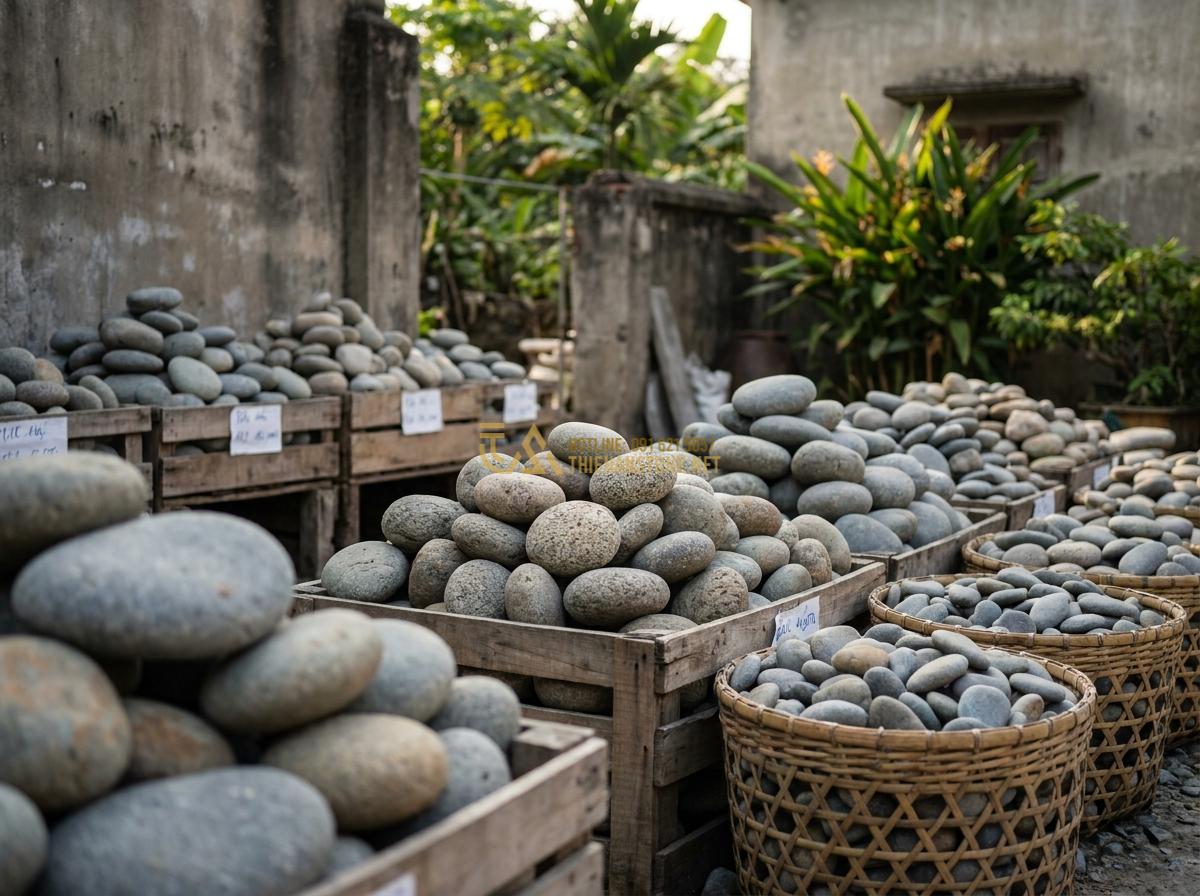 Đá Cuội Lớn (Đá Cuội To): Bảng Giá Chi Tiết & Nơi Mua Chuyên Sỉ Lẻ - Variety of large pebbles sorted by size categories, color groups, and origin sou