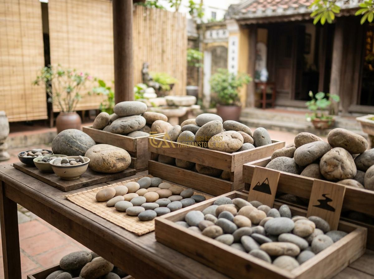 Đá Cuội Lớn (Đá Cuội To): Bảng Giá Chi Tiết & Nơi Mua Chuyên Sỉ Lẻ - Organized display showing different classifications of oversized pebbles includi