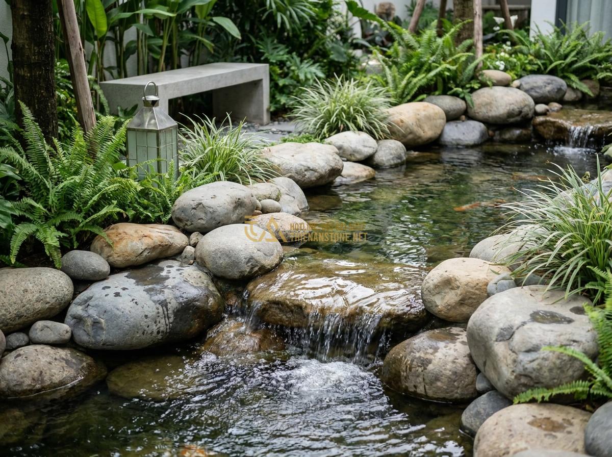 Đá Cuội Lớn (Đá Cuội To): Bảng Giá Chi Tiết & Nơi Mua Chuyên Sỉ Lẻ - Creative landscaping application of large pebbles around a Koi pond with flowing