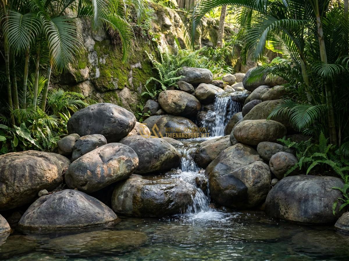 Đá Cuội Lớn (Đá Cuội To): Bảng Giá Chi Tiết & Nơi Mua Chuyên Sỉ Lẻ - Real-world example of oversized pebble stones used in luxury resort villa garden