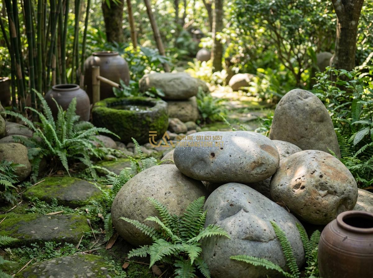 Đá Cuội Lớn (Đá Cuội To): Bảng Giá Chi Tiết & Nơi Mua Chuyên Sỉ Lẻ - Benefits visualization of large pebbles in eco-friendly garden setting with redu