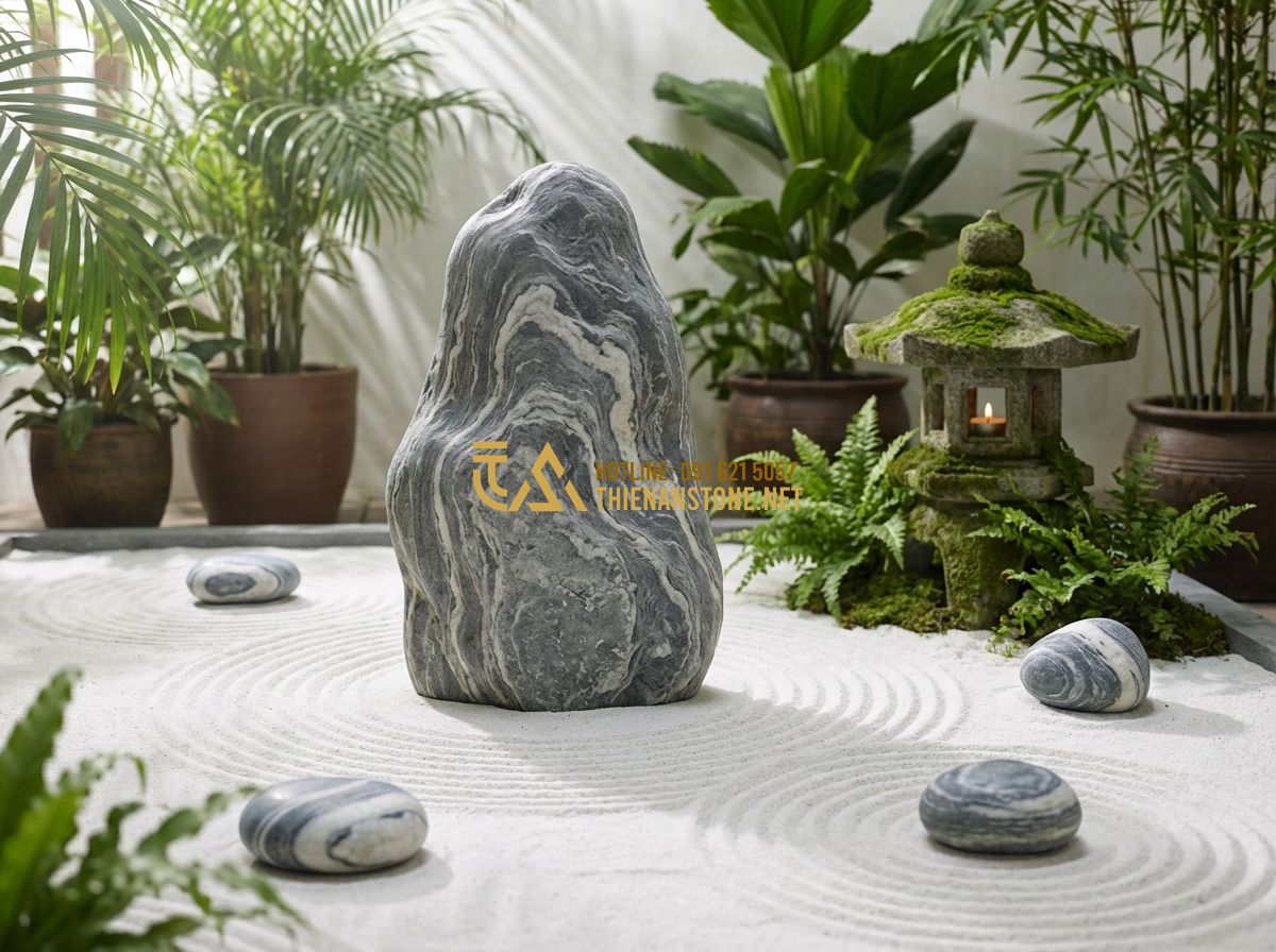 Đá Cuội Vân Mây Là Gì? Đặc Điểm, Ứng Dụng Và Báo Giá Chi Tiết 2024 - Tạo ảnh tiếng Anh: A detailed shot of a feng shui garden arrangement. A large ve