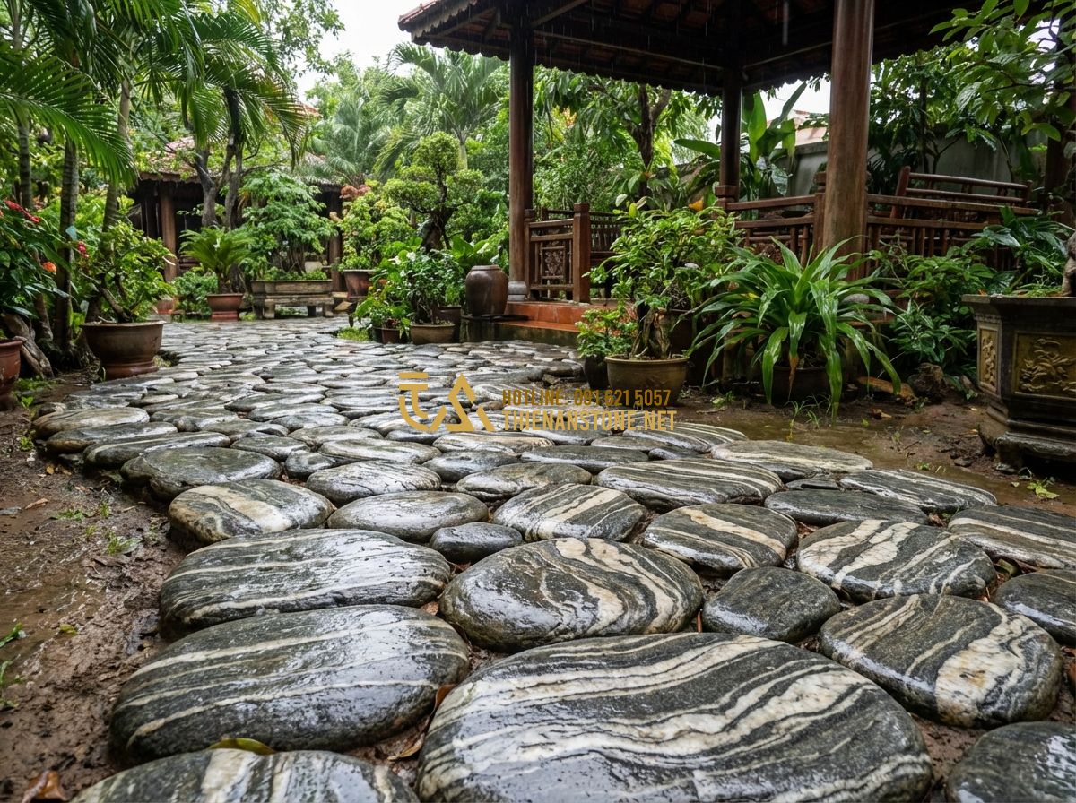 Đá Cuội Vân Mây Lát Sân Vườn Có Tốt Không? Lợi Ích Và Nhược Điểm - Tạo ảnh tiếng Anh: A family garden with children running on a stone path made of
