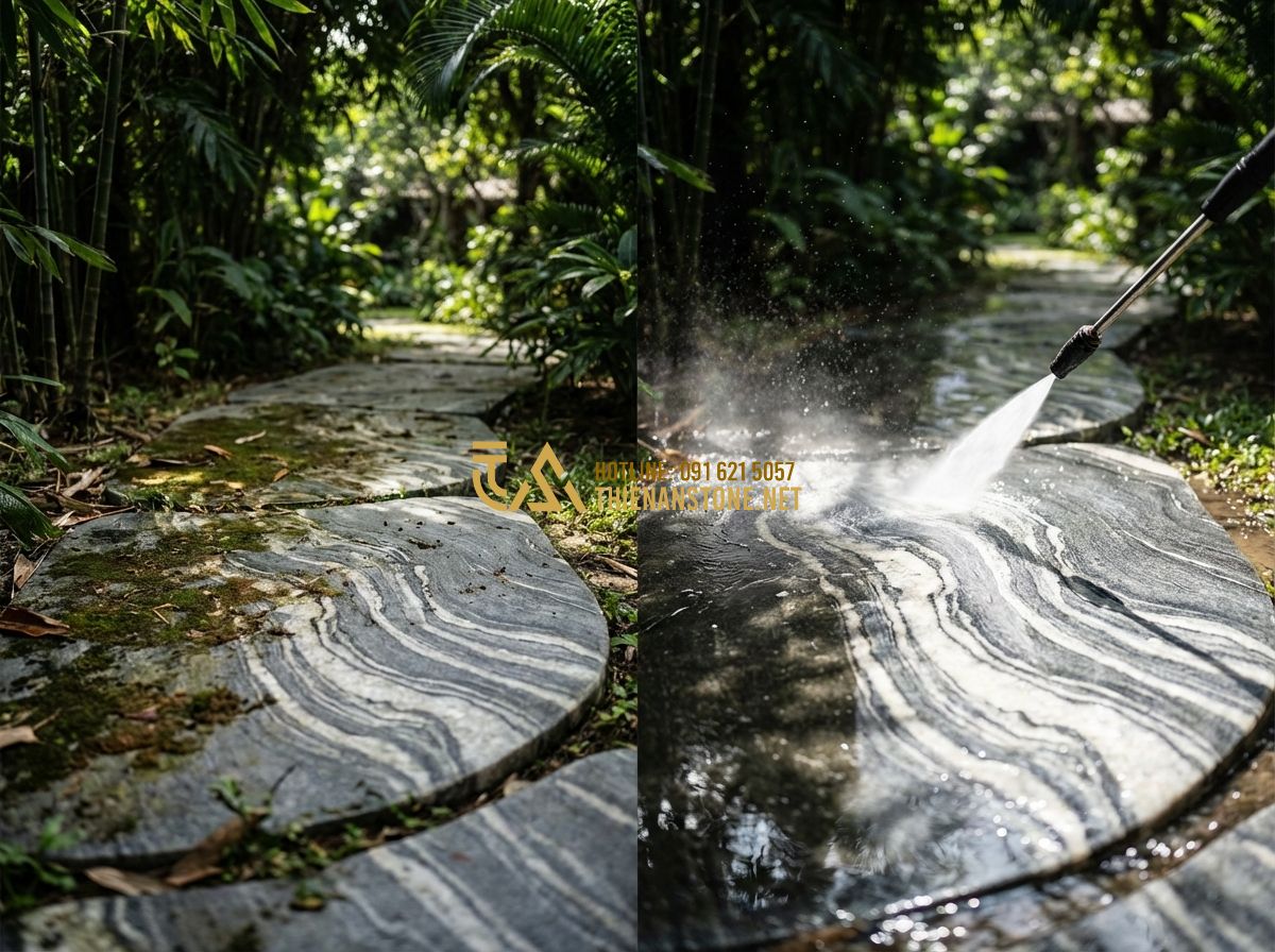Đá Cuội Vân Mây Lát Sân Vườn Có Tốt Không? Lợi Ích Và Nhược Điểm - Tạo ảnh tiếng Anh: A comparison image showing a section of cloud-patterned stone