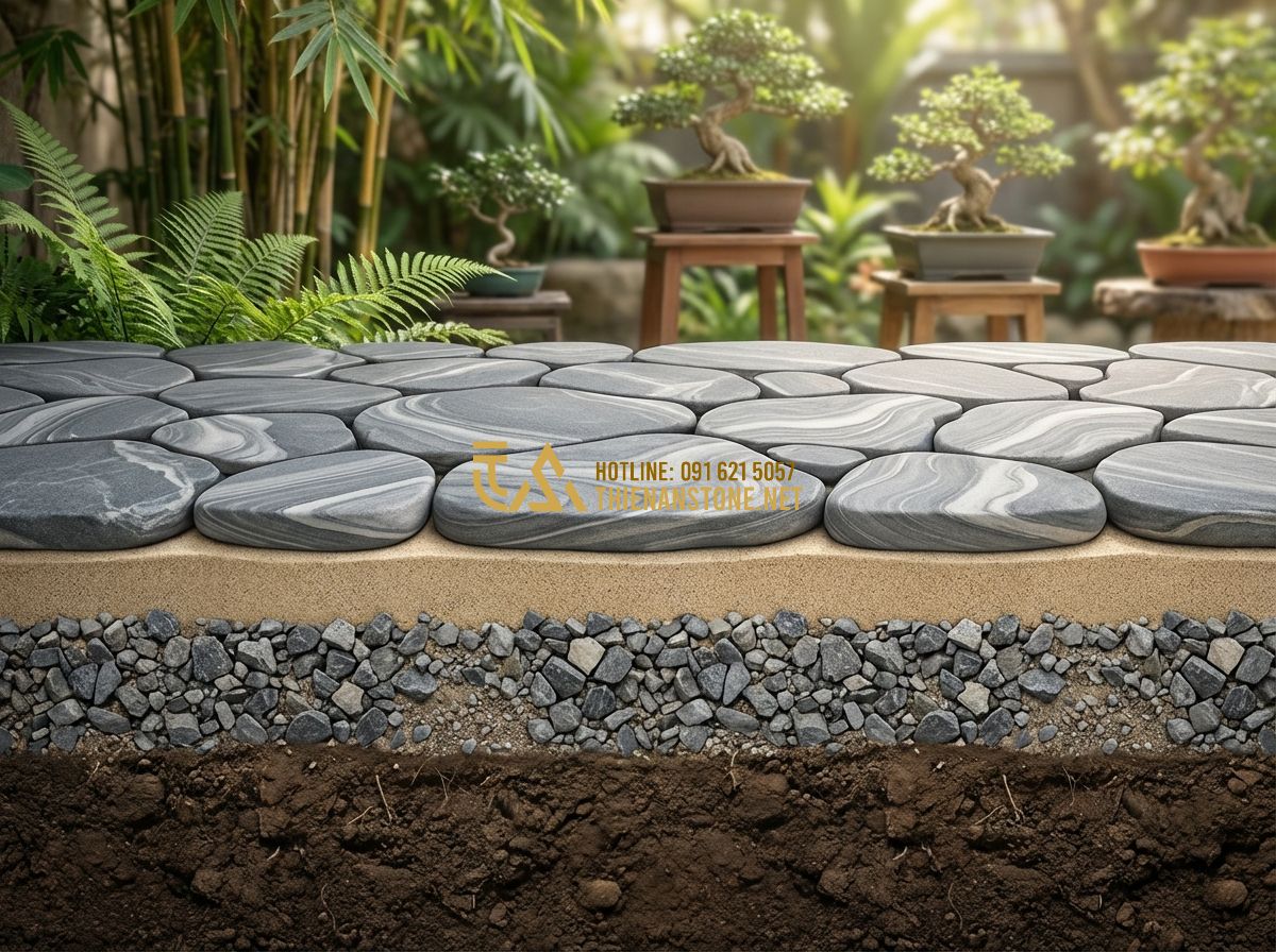 Đá Cuội Vân Mây Lát Sân Vườn Có Tốt Không? Lợi Ích Và Nhược Điểm - Tạo ảnh tiếng Anh: Technical diagram or illustration showing the layers of a sto