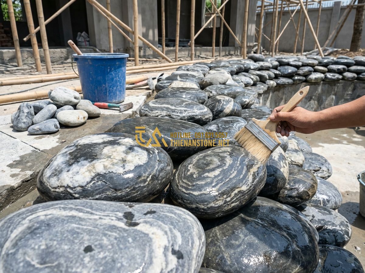 Đá Cuội Vân Mây Lát Sân Vườn Có Tốt Không? Lợi Ích Và Nhược Điểm - Tạo ảnh tiếng Anh: A worker using a soft brush and clean water to wash the surfa