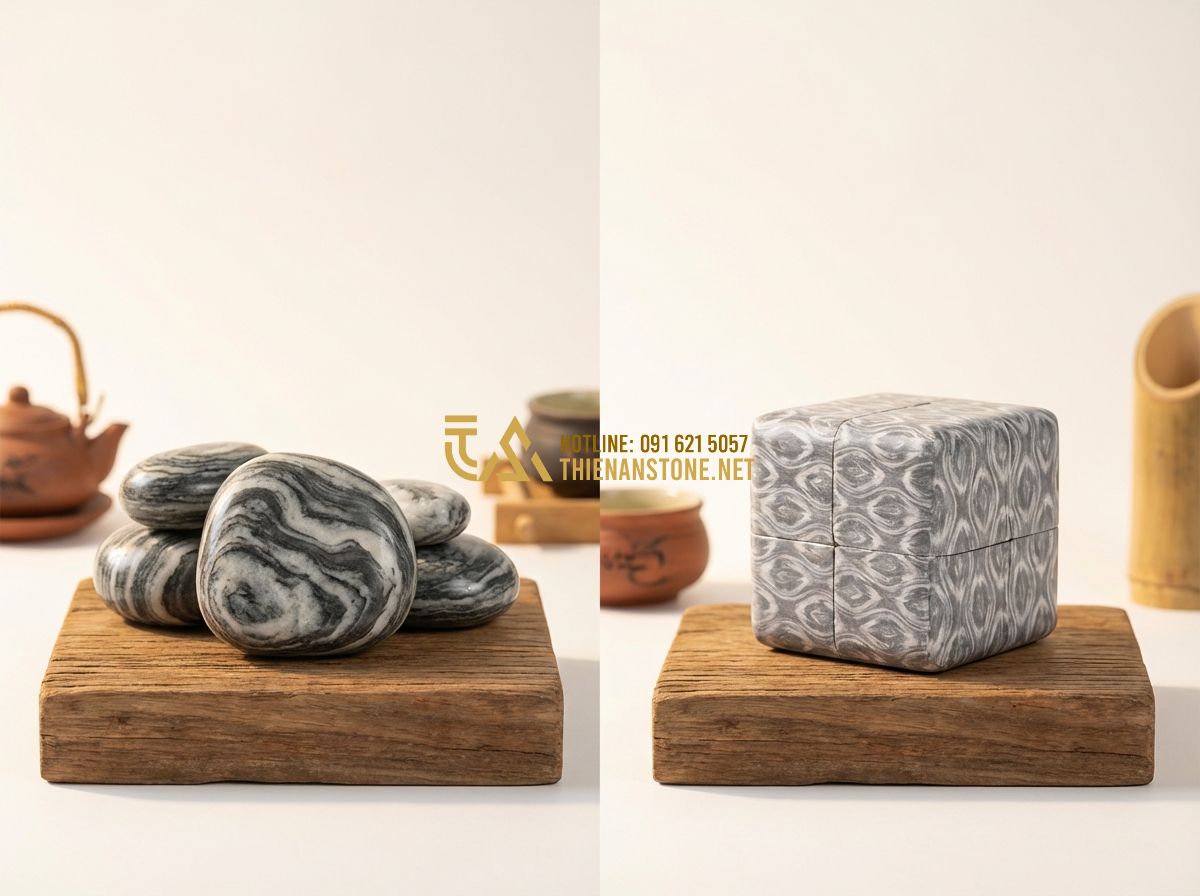 Đá Cuội Vân Mây TPHCM: Bảng Giá Cập Nhật & Nơi Bán Chất Lượng Cao Nhất - Tạo ảnh tiếng Anh: A split image showing the difference between natural cloud st