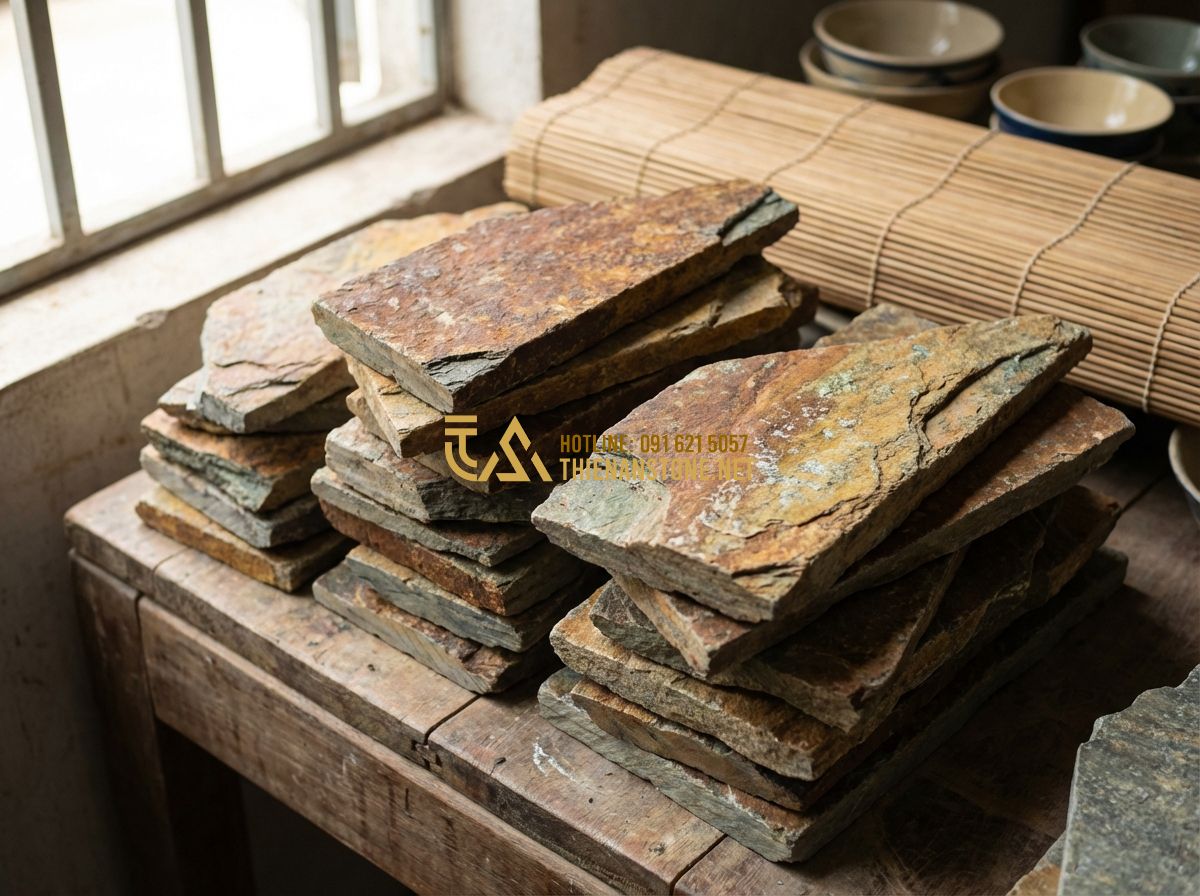 Đá Ghép Ốp Tường Có Nên Làm Không? Lưu Ý Quan Trọng Khi Thi Công - Hình 2 Đá Ghép Ốp Tường Có Nên Làm Không? Lưu Ý Quan Trọng Khi Thi Công - Tạo ảnh tiếng Anh: Close-up of various natural stone cladding samples arranged n
