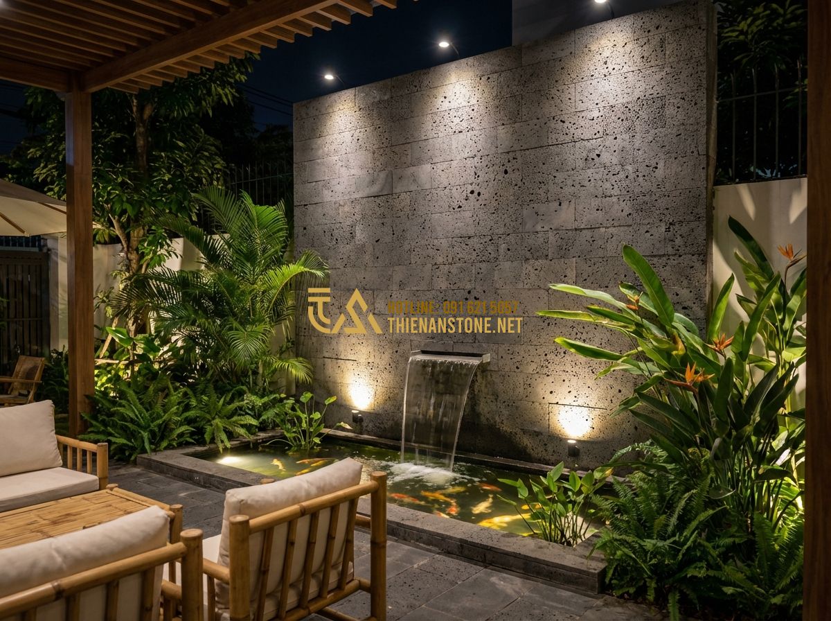 Đá Ghép Ốp Tường Có Nên Làm Không? Lưu Ý Quan Trọng Khi Thi Công - Hình 3 Đá Ghép Ốp Tường Có Nên Làm Không? Lưu Ý Quan Trọng Khi Thi Công - Tạo ảnh tiếng Anh: A stunning outdoor living space featuring a tall wall clad in