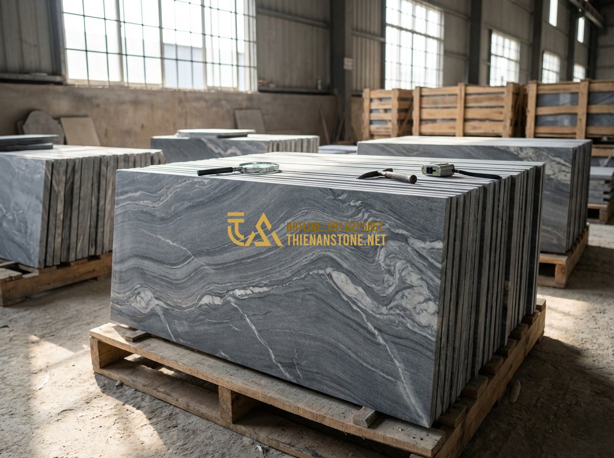 Đá Ghép Ốp Tường Có Nên Làm Không? Lưu Ý Quan Trọng Khi Thi Công - Hình 6 Đá Ghép Ốp Tường Có Nên Làm Không? Lưu Ý Quan Trọng Khi Thi Công - Tạo ảnh tiếng Anh: Professional stonemason inspecting a stack of natural stone t