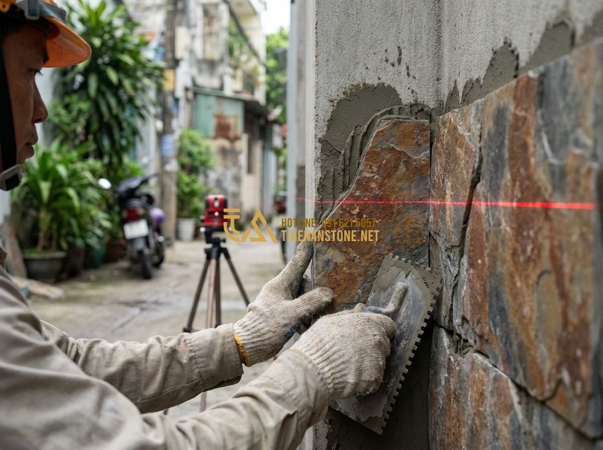 Đá Ghép Ốp Tường Có Nên Làm Không? Lưu Ý Quan Trọng Khi Thi Công - Hình 7 Đá Ghép Ốp Tường Có Nên Làm Không? Lưu Ý Quan Trọng Khi Thi Công - Tạo ảnh tiếng Anh: A skilled construction worker meticulously installing natural